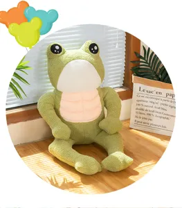 Cute and soft muscular green frog plush toy with visible abs sitting on the floor