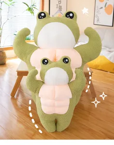 Detailed view of creative muscle frog plush toy standing in a cozy home environment