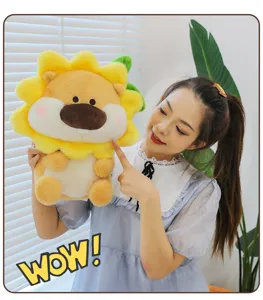 Sunflower lion plush toy detail shot, cute soft stuffed doll for home decor and sleeping companion.