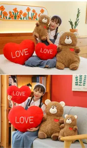 Valentine cute teddy bear plush toy and red love heart pillow gift for girls and kids.