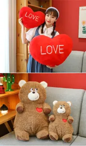 Valentine heart pillow and cute brown teddy bear plush toy set for girls gift and home decor.