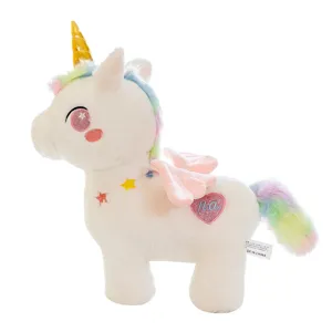 Bellissimo unicorno di peluche bianco con corno dorato e criniera arcobaleno colorata