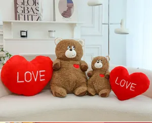 Valentine teddy bear plush toy set with red heart pillows, cute confession gift for girls.