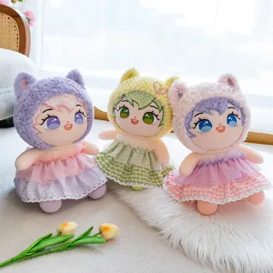 Linda Muñeca de Algodón de Peluche Con Capucha de Orejas de Gato Vestido de Encaje Collar de Perlas Artificiales Peluche Suave Regalo