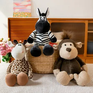 Cute jungle animal plush toys set, soft stuffed giraffe zebra monkey dolls for kids room decor.
