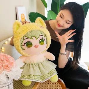 Adorable muñeca de felpa de algodón con capucha de orejas de gato y vestido de encaje