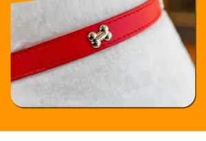 Detailopname van een rode halsband met metalen kluifje op een witte pluche hond.