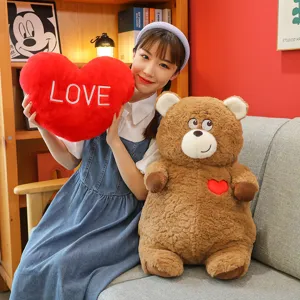 Valentine's Day love heart plush pillow and cute brown teddy bear stuffed toy gift for girls.