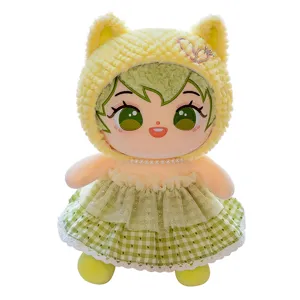 Linda muñeca de algodón de 20cm peluche con pelo verde y capucha de gato amarillo