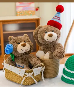 Vista dettagliata di due teneri orsetti di peluche marroni con cappelli di compleanno.