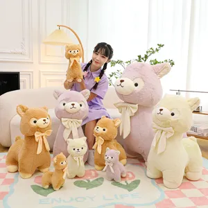 Cute Cream Alpaca Plush Toy Soft Stuffed Animal Doll With Bowknot Home Decoration Accents Accompaniment Gift For Kids Adults