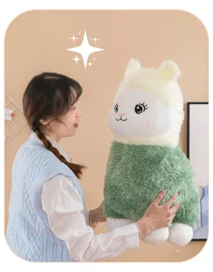 Detail of a cute green and white alpaca plush toy held by a woman in a warm room setting