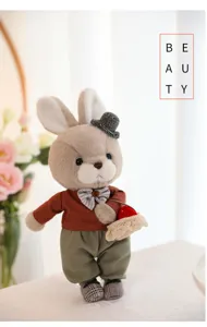 Detailed shot of cute rabbit plush toy in miniature clothes holding a small basket