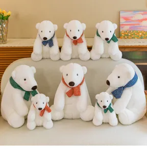Soft white polar bear plush toys with colorful scarves in various sizes for gifts