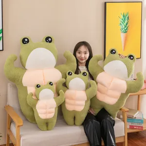 Adorable muscular frog plush toy collection in multiple sizes for home decor