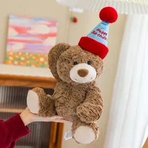 Peluche orsetto marrone con cappello blu Happy Birthday, regalo perfetto per i bambini.