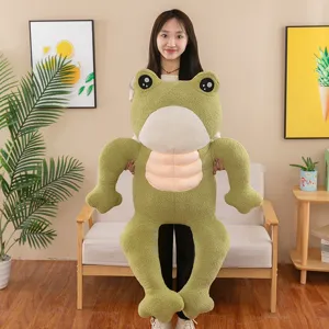 Giant green muscle frog plush toy with soft abdominal muscles displayed in a cozy home