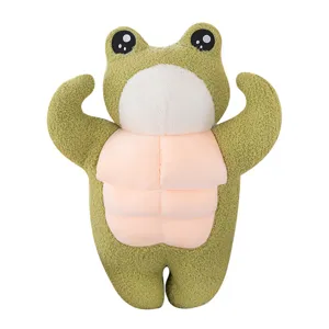 Cute green muscle frog plush toy featuring six-pack abs in a standing pose gift doll