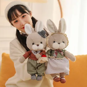 Pastoral Style Couple Plush Rabbit Bear Dolls With Retro Outfits Cute Stuffed Animal Toys Valentine Day Birthday Gift