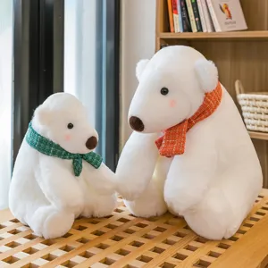 Adorable soft polar bear plush toys wearing colorful knitted scarves, perfect gift for kids