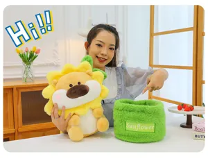 Cute sunflower lion plush toy with green storage basket, soft stuffed doll for home decor.