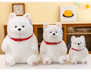 Groep van drie witte Samojeed hond knuffels in verschillende grootte variaties voor kids