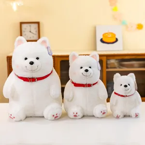 Cartoon Witte Samojeed Knuffel Zachte Gevulde Hond Dierlijke Pop Met Rode Halsband Voor Kinderen Gift Huis Decoratie