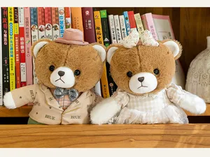 Pareja de adorables ositos de peluche vestidos frente a una estantería
