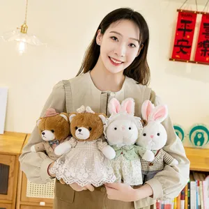 Lindo Juguete de Peluche de Oso y Conejo de Estilo Británico Muñeco de Animal de Peluche con Ropa para Decoración de Habitación de Niños Accesorios de Fotografía Regalo