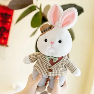 Lindo muñeco de peluche de conejo blanco con traje de cuadros marrón para niños