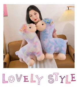 Detail of two soft rainbow tie-dye alpaca plush dolls being held by an Asian model
