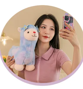 Girl holding cute rainbow alpaca plush toy while taking a selfie in lifestyle detail shot