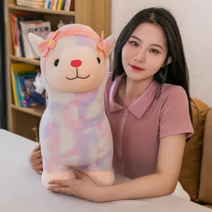 Cute rainbow alpaca plush toy with flower headband held by model for gift ideas