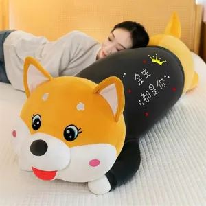 Soft long Shiba Inu plush body pillow for sleeping with cute embroidered text design