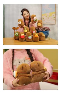 Soft capybara plush toys with fruit-themed backpacks held by a model for children