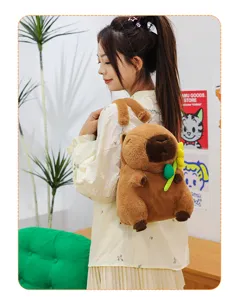 Detailed view of a cute brown Capybara plush backpack worn by a model in a warm room