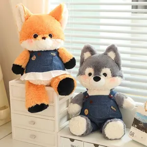 Forest Fox Wolf Plush Toy Soft Stuffed Animal With Denim Dress Overalls For Kids Soothing Home Decor Cute Healing Doll