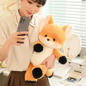 Cute orange and white forest fox plush toy being held by a model in a bright cozy room