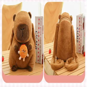 Detailed front and back views of a soft brown capybara plush backpack with burger accent