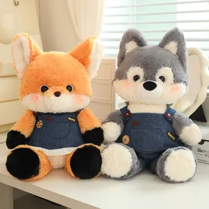 Adorable forest animal plush toys featuring fox and wolf in denim overalls for kids