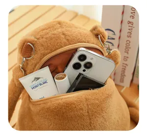 Detailed macro shot of the spacious interior of a soft brown plush capybara backpack
