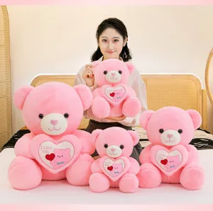 Soft pink teddy bear plush toys in different sizes with I Love You heart details