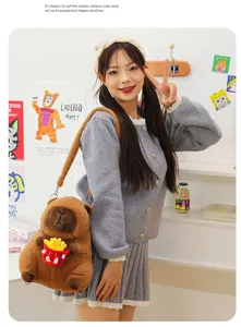 Full view of a cute Capybara plush backpack being worn by a model in a cozy interior.