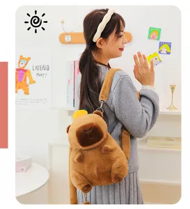 Close-up detail of a soft plush capybara backpack worn by a model in a warm room