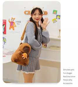 Adorable capybara plush shoulder bag worn by a model in a bright, cozy indoor setting