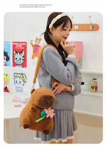 Lifestyle view of the cute brown Capybara plush backpack worn by a female model in room