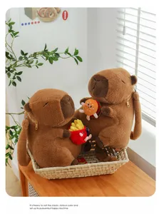 Detailed view of cute capybara plush backpacks featuring burger and fries accessories