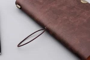 Detailansicht eines braunen Vintage-Notizbuchs aus Leder mit Gummiband und Metallöse
