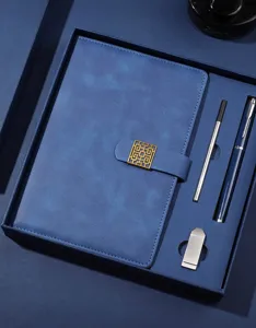 Elegantes blaues Business-Schreibset mit Leder-Notizbuch und hochwertigem Metallstift