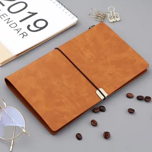 Vintage A6 Notizbuch aus Kunstleder mit Gummiband-Verschluss auf grauem Schreibtisch